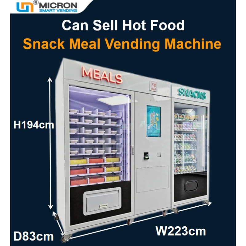 combo vending machine with big capacity and microwave oven to sell hot food meal snack drink, it can hold 250 drinks, 30 snacks and 107 meal boxs